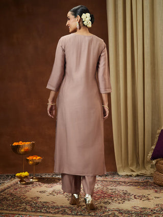 Brown Silk Blend Zari Embroidered Kurta Bottom Set