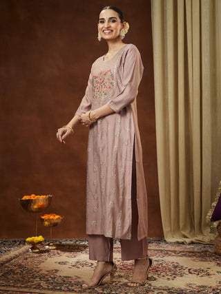 Brown Silk Blend Zari Embroidered Kurta Bottom Set