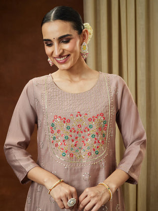 Brown Silk Blend Zari Embroidered Kurta Bottom Set