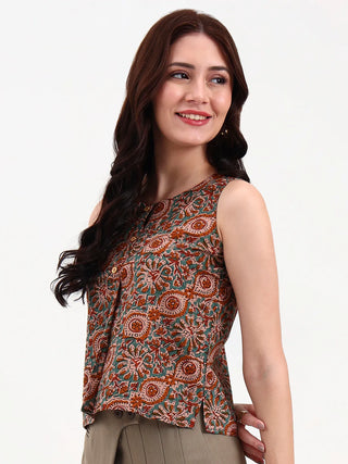 Brown and Blue Cotton Printed Sleeveless Crop Top