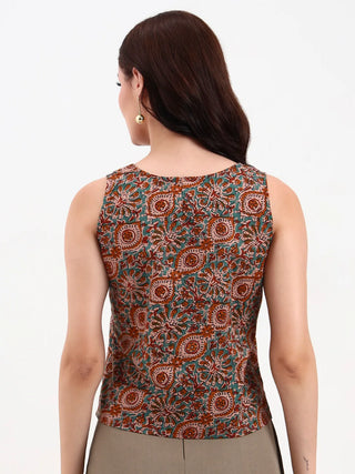 Brown and Blue Cotton Printed Sleeveless Crop Top