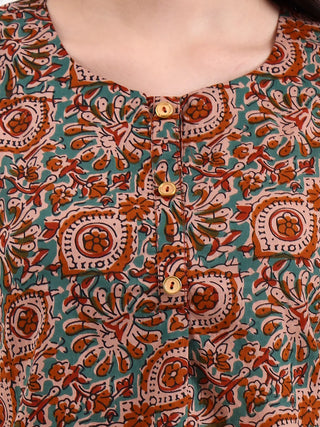 Brown and Blue Cotton Printed Sleeveless Crop Top