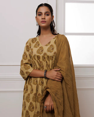 Light Brown Hand Block Printed Suit Set With Dupatta