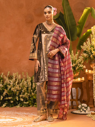 Brown Velvet Embroidered Suit Set with Dupatta