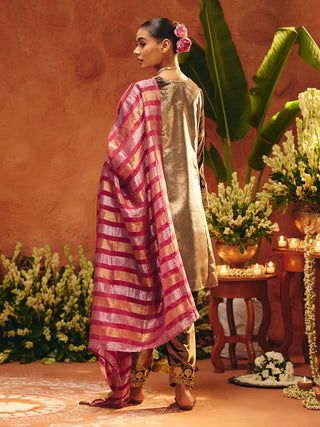 Brown Velvet Embroidered Suit Set with Dupatta