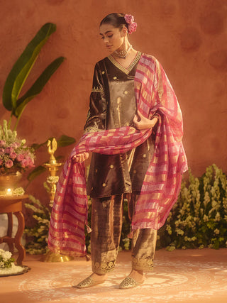 Brown Velvet Embroidered Suit Set with Dupatta
