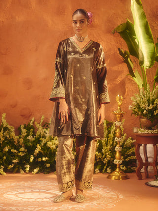 Brown Velvet Embroidered Suit Set with Dupatta