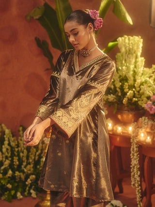 Brown Velvet Embroidered Suit Set with Dupatta