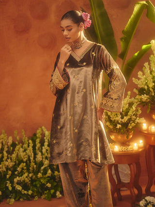 Brown Velvet Embroidered Suit Set with Dupatta