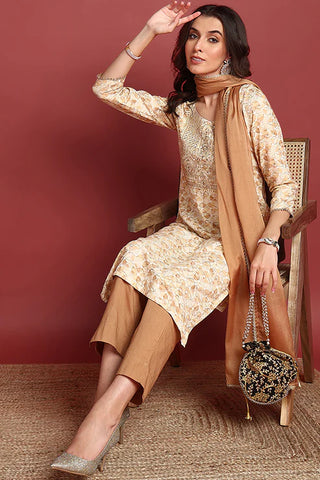 Brown Viscose Rayon Printed & Embroidered Straight Shape Suit Set with Dupatta