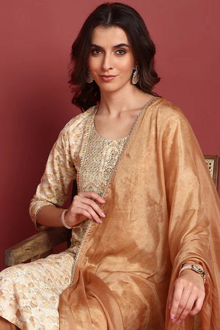 Brown Viscose Rayon Printed & Embroidered Straight Shape Suit Set with Dupatta