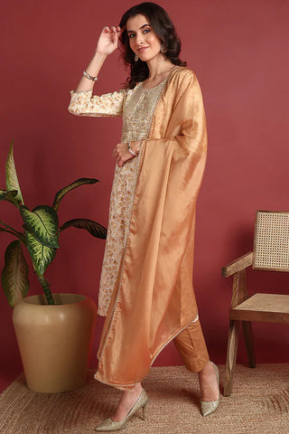 Brown Viscose Rayon Printed & Embroidered Straight Shape Suit Set with Dupatta