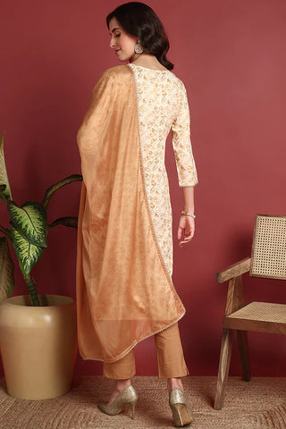 Brown Viscose Rayon Printed & Embroidered Straight Shape Suit Set with Dupatta