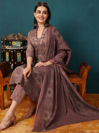 Brown Viscose Rayon Floral Print A Line Suit Set with Dupatta