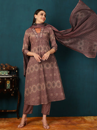 Brown Viscose Rayon Floral Print A Line Suit Set with Dupatta