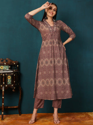 Brown Viscose Rayon Floral Print A Line Suit Set with Dupatta