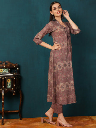 Brown Viscose Rayon Floral Print A Line Suit Set with Dupatta