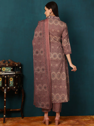 Brown Viscose Rayon Floral Print A Line Suit Set with Dupatta