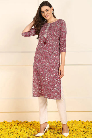 Burgundy Cotton Ethnic Motif Printed Straight Shape Kurta