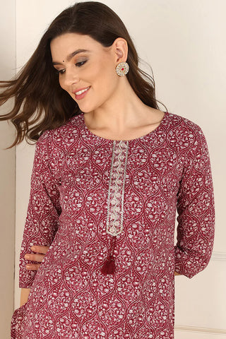 Burgundy Cotton Ethnic Motif Printed Straight Shape Kurta