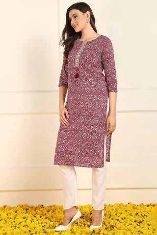 Burgundy Cotton Ethnic Motif Printed Straight Shape Kurta