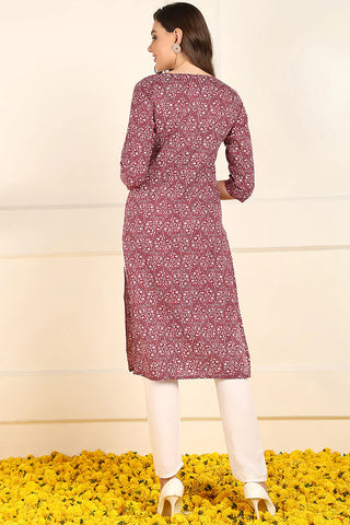 Burgundy Cotton Ethnic Motif Printed Straight Shape Kurta