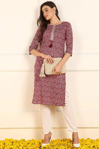 Burgundy Cotton Ethnic Motif Printed Straight Shape Kurta