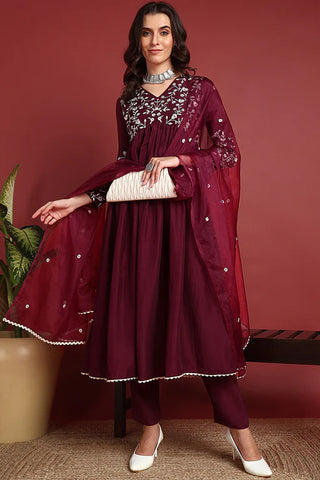 Burgundy Cotton Blend Embroidered A Line Suit Set with Dupatta