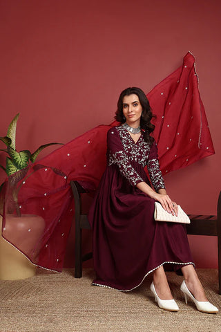 Burgundy Cotton Blend Embroidered A Line Suit Set with Dupatta