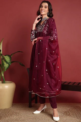 Burgundy Cotton Blend Embroidered A Line Suit Set with Dupatta