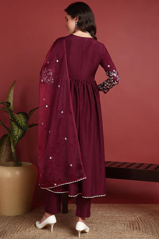 Burgundy Cotton Blend Embroidered A Line Suit Set with Dupatta