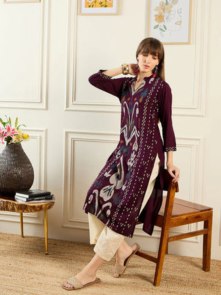 Burgundy Viscose Rayon Printed Straight Shape Kurta