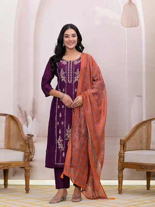 Burgundy Silk Blend Floral Embroidered Straight Shape Suit Set with Dupatta