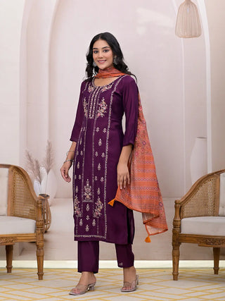 Burgundy Silk Blend Floral Embroidered Straight Shape Suit Set with Dupatta