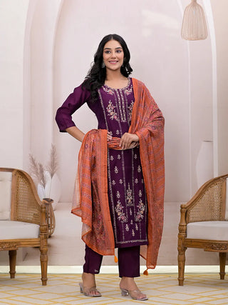 Burgundy Silk Blend Floral Embroidered Straight Shape Suit Set with Dupatta