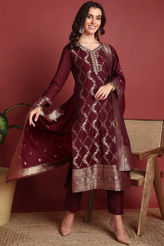 Burgundy Silk Blend Ethnic Motif Designed Suit Set with Dupatta