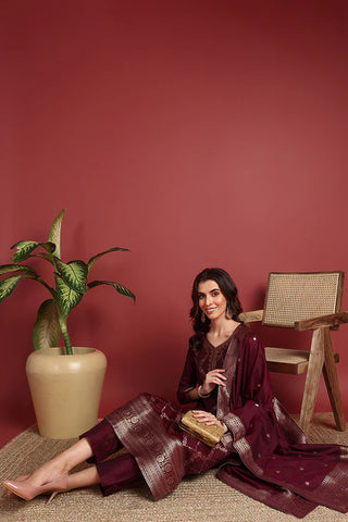 Burgundy Silk Blend Ethnic Motif Designed Suit Set with Dupatta