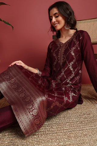 Burgundy Silk Blend Ethnic Motif Designed Suit Set with Dupatta