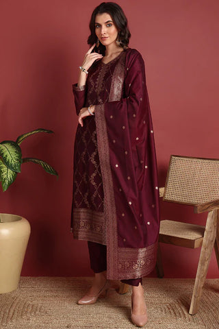 Burgundy Silk Blend Ethnic Motif Designed Suit Set with Dupatta