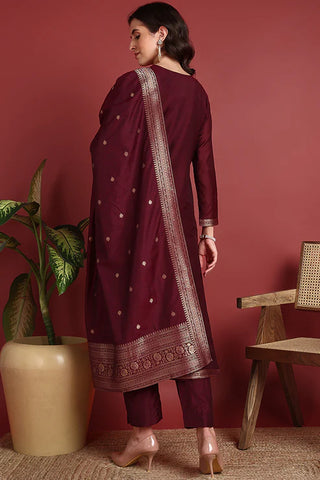 Burgundy Silk Blend Ethnic Motif Designed Suit Set with Dupatta