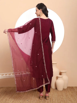 Burgundy Silk Blend Embroidered Suit Set with Organza Dupatta