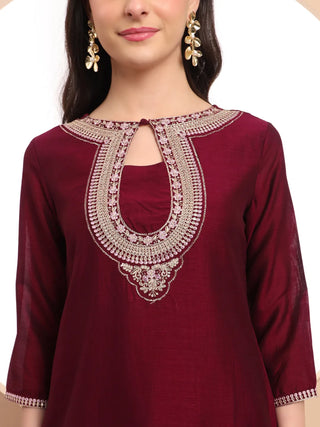 Burgundy Silk Blend Embroidered Suit Set with Organza Dupatta