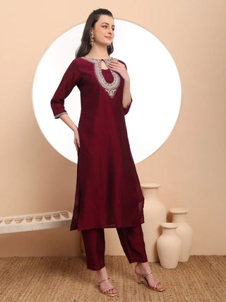 Burgundy Silk Blend Embroidered Suit Set with Organza Dupatta
