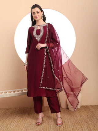 Burgundy Silk Blend Embroidered Suit Set with Organza Dupatta