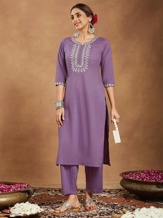Lavender Pure Cotton Yoke Embroidered Kurta Bottom Set