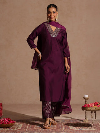 Wine Chanderi Silk Embellished Suit Set with Chifffon Dupatta
