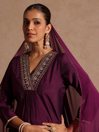 Wine Chanderi Silk Embellished Suit Set with Chifffon Dupatta