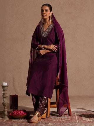 Wine Chanderi Silk Embellished Suit Set with Chifffon Dupatta