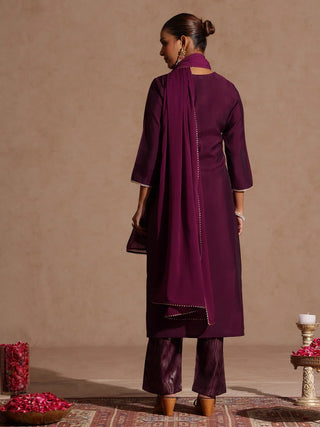 Wine Chanderi Silk Embellished Suit Set with Chifffon Dupatta