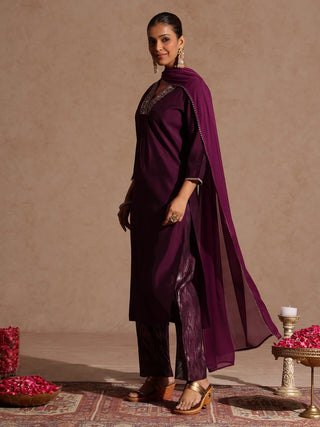 Wine Chanderi Silk Embellished Suit Set with Chifffon Dupatta